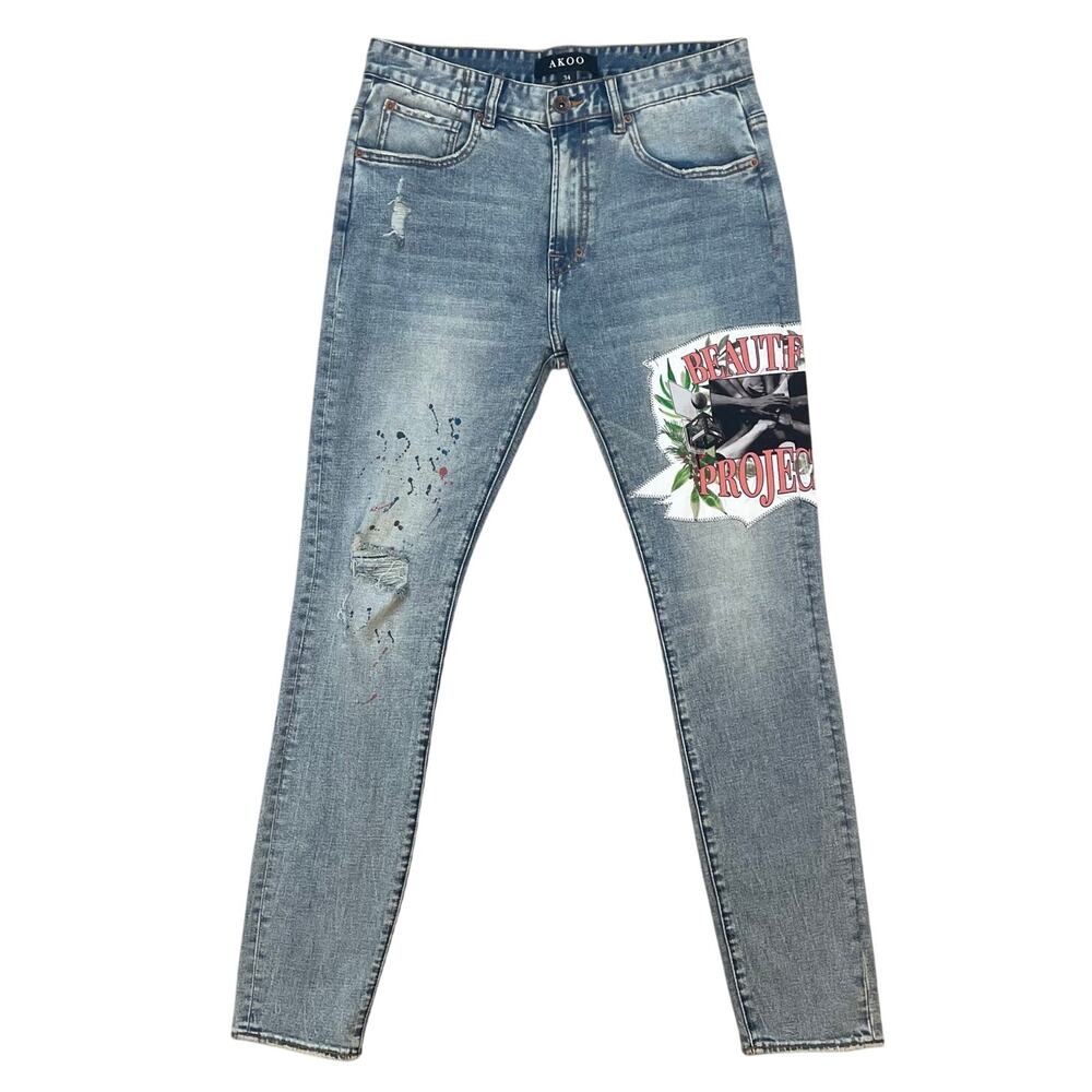 AKOO Beautiful Projects Jeans Men's 34 Light Wash Graphic Patch Denim